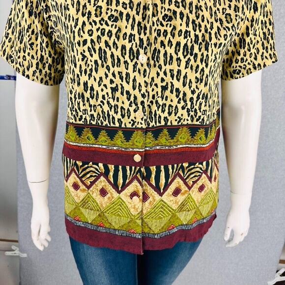 Vintage L&S Designs Sz XL Blouse Short Sleeve Collared Animal Abstract Button - Picture 5 of 8